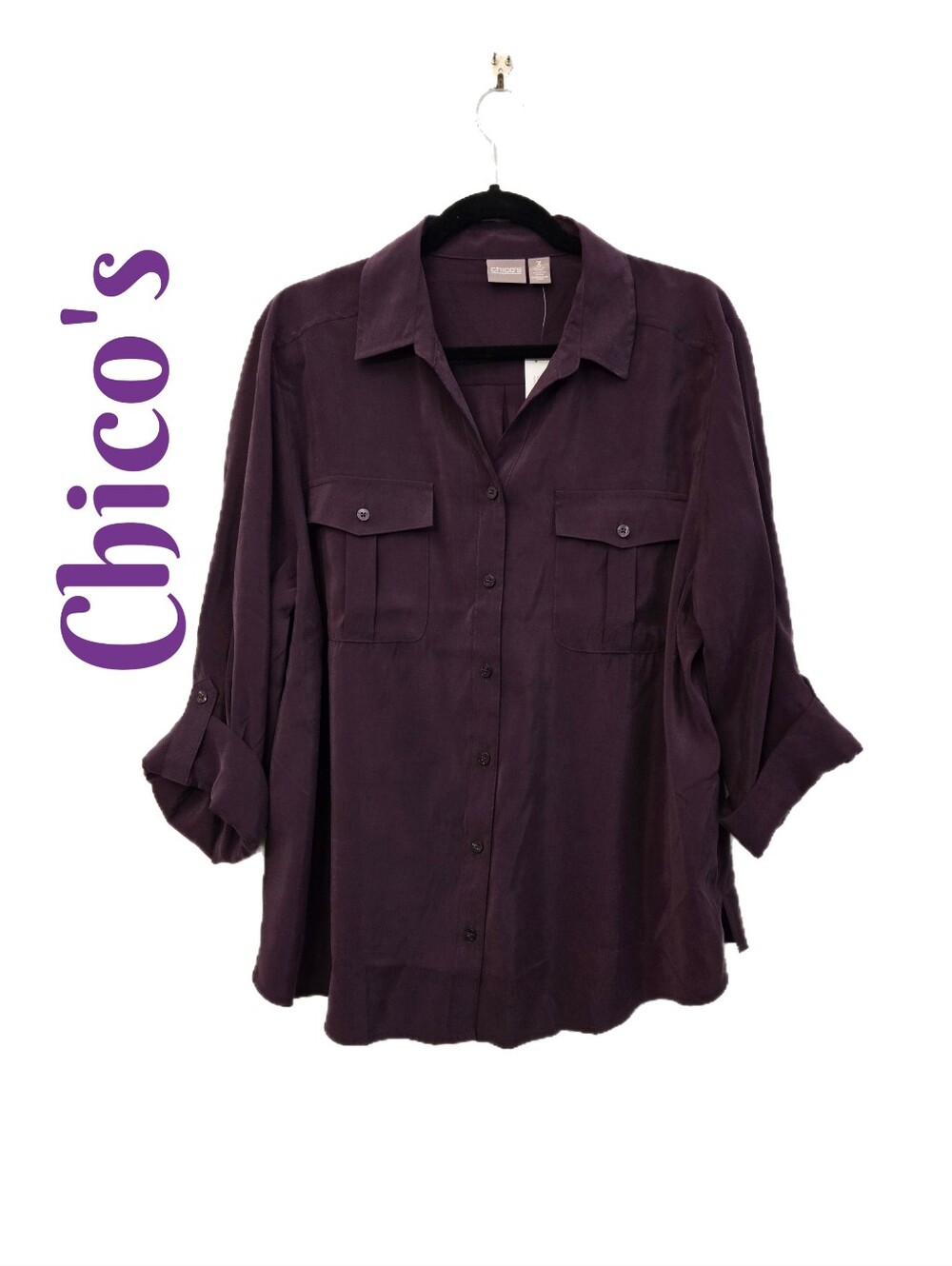 Chico's Sz 3=XL Womens Soft Eggplant Shirt , Roll Tab Sleeve Layer Overshirt